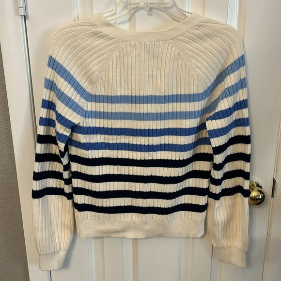 Talbots Women’s (XS) Breton Stripe Ivory/Blu Cozy Button Front Nautical Cardigan - Picture 2 of 7